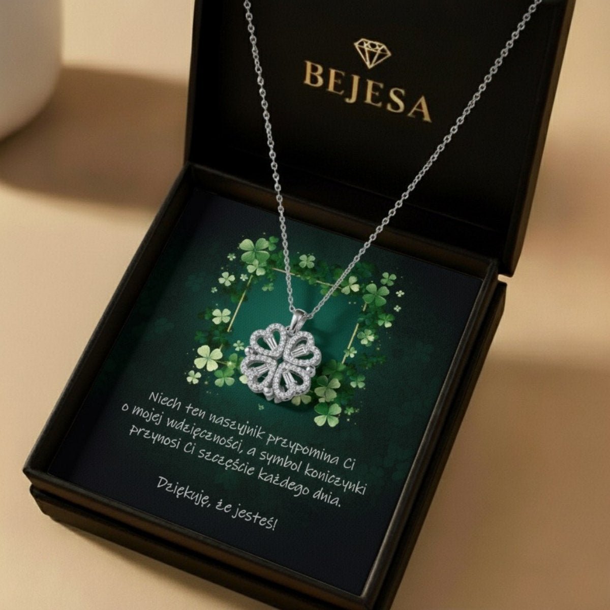 Naszyjnik Koniczynka z Cyrkoniami – Prezent na Szczęście - Bejesa