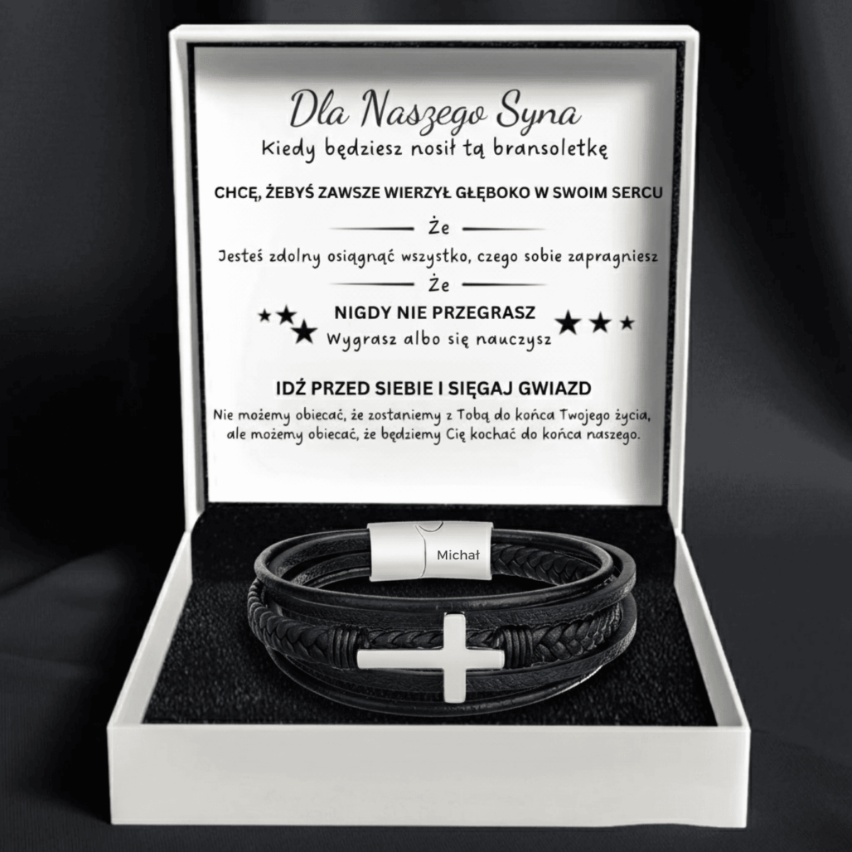 Dla Naszego Syna – Symbol Wiary - Spersonalizowana Bransoletka z Imieniem - Bejesa