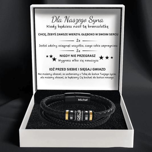 Skórzana Bransoletka - Prezent dla syna od rodziców - „Kochamy Cię Na Zawsze" - Bejesa