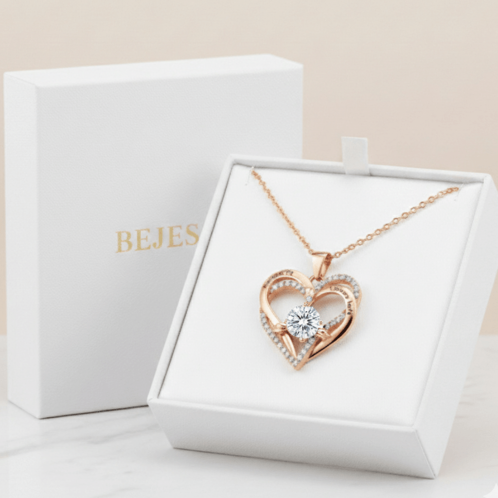 Naszyjnik z podwójnym sercem - Kolorowa cyrkonia - Z Grawerem - Bejesa