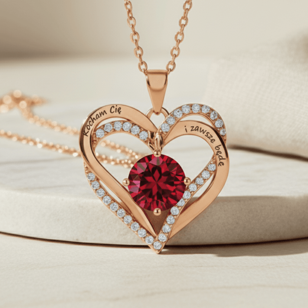Naszyjnik z podwójnym sercem - Kolorowa cyrkonia - Z Grawerem - Bejesa