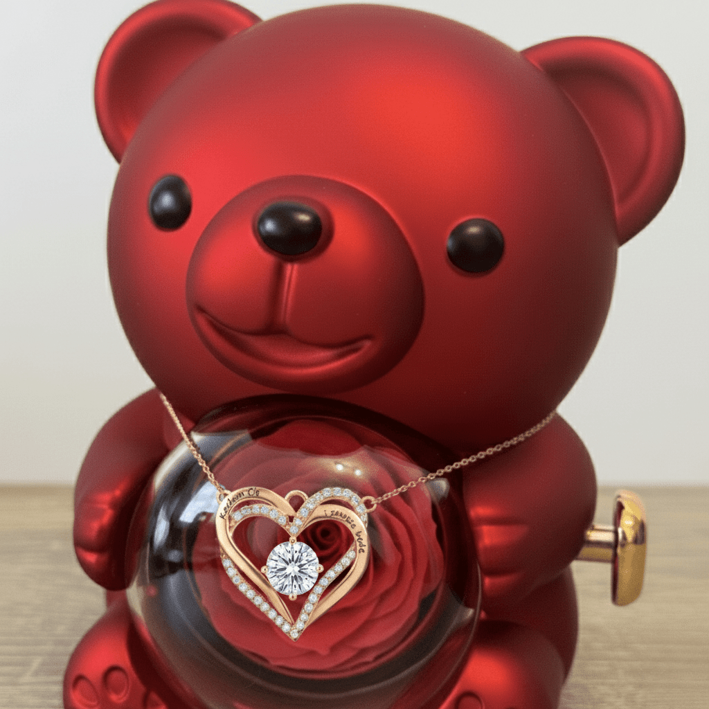 Naszyjnik z podwójnym sercem - Kolorowa cyrkonia - Z Grawerem - Bejesa