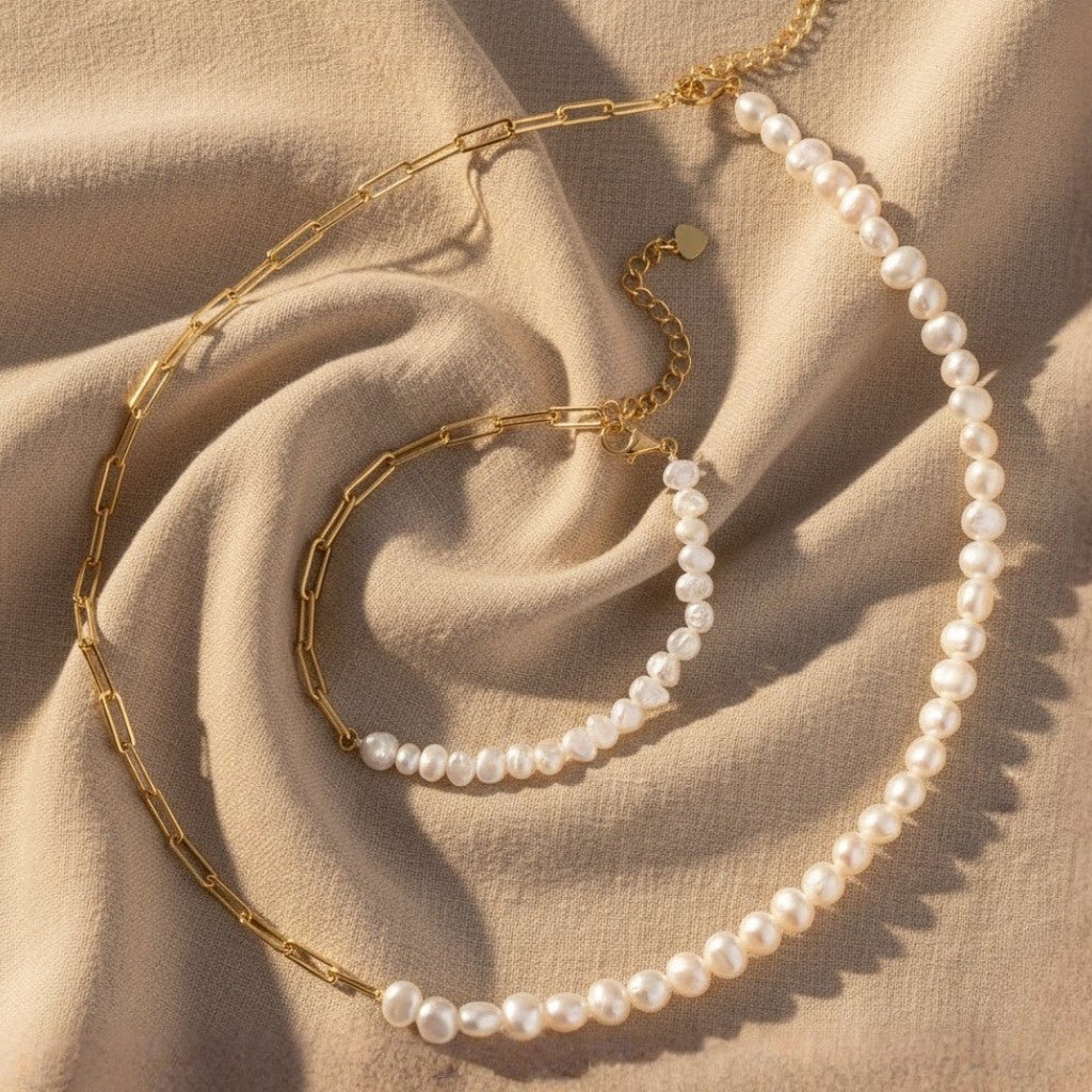 Naszyjnik z pereł i łańcuszkiem - Damski naszyjnik - Bejesa