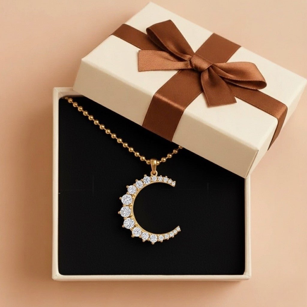 Naszyjnik Damski Pozłacany - Księżyc z cyrkoniami - Bejesa