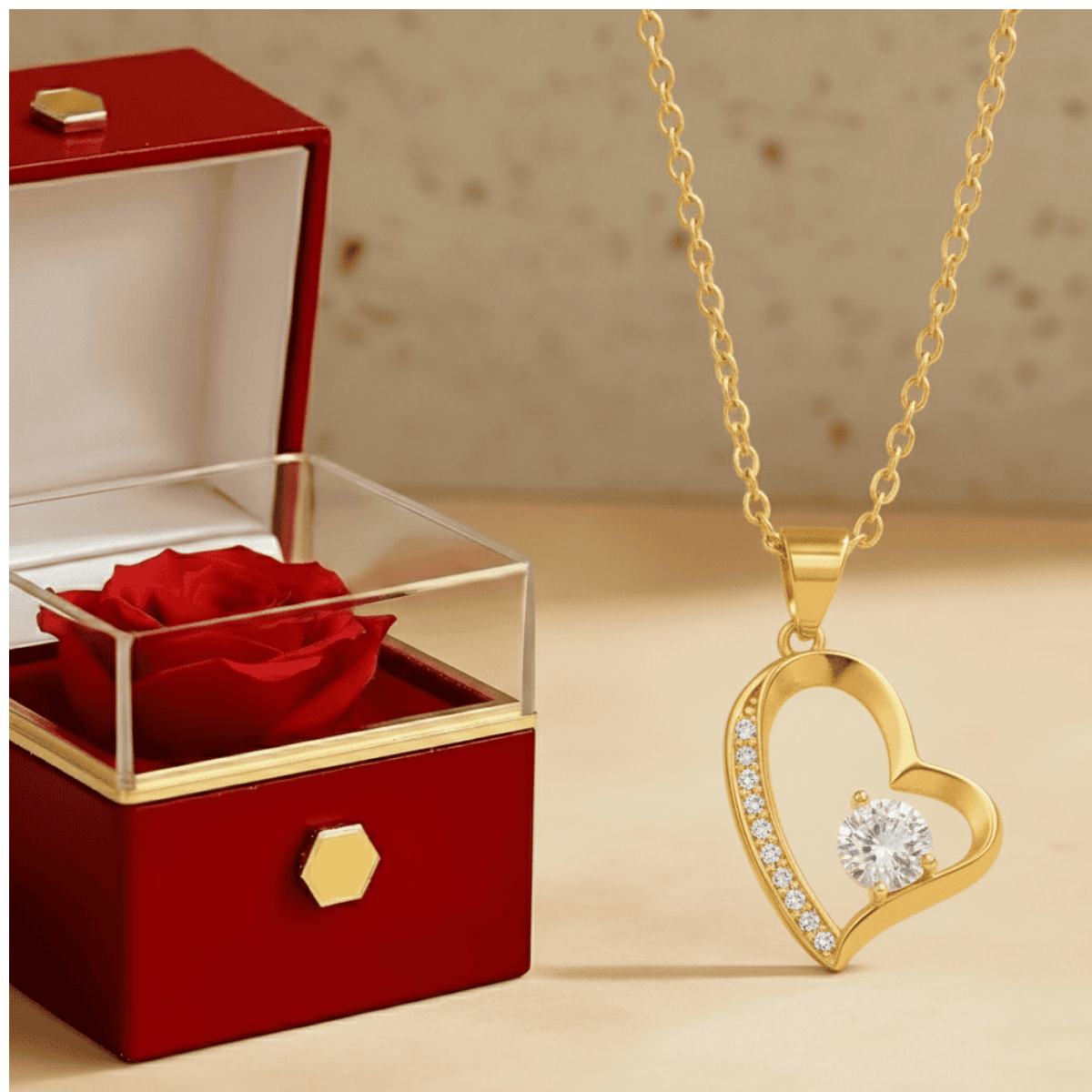 Eleganckie Pudełko z Wieczną Różą - Naszyjnik Serce z Błyszczącą Cyrkonią - Bejesa
