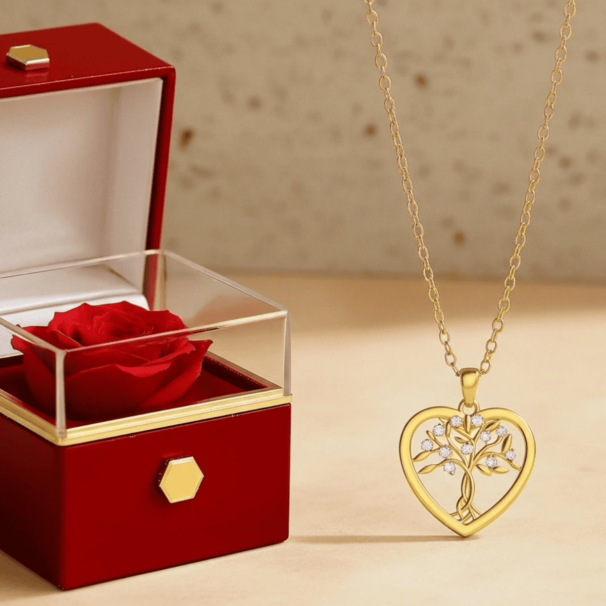 Eleganckie Pudełko z Wieczną Różą - Naszyjnik Koniczyna Serc - Prezent dla Niej - Bejesa