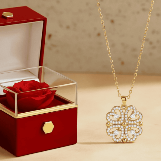 Eleganckie Pudełko z Wieczną Różą - Naszyjnik Koniczyna Serc - Prezent dla Niej - Bejesa