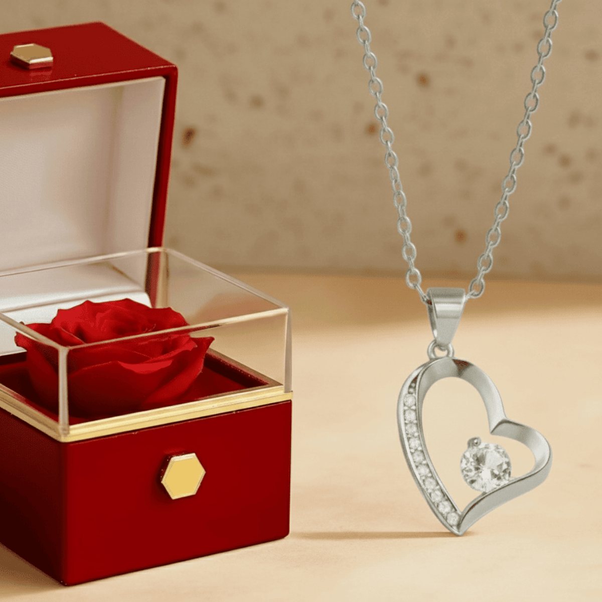 Eleganckie Pudełko z Wieczną Różą - Naszyjnik Serce z Błyszczącą Cyrkonią - Bejesa