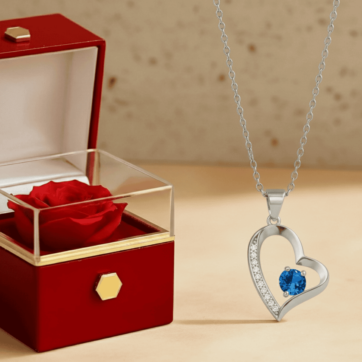 Eleganckie Pudełko z Wieczną Różą - Naszyjnik Serce z Błyszczącą Cyrkonią - Bejesa