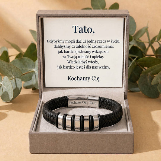 Bransoletka skorzana dla Taty z dedykacja Kochamy Cie Tato w pudelku premium z karta
