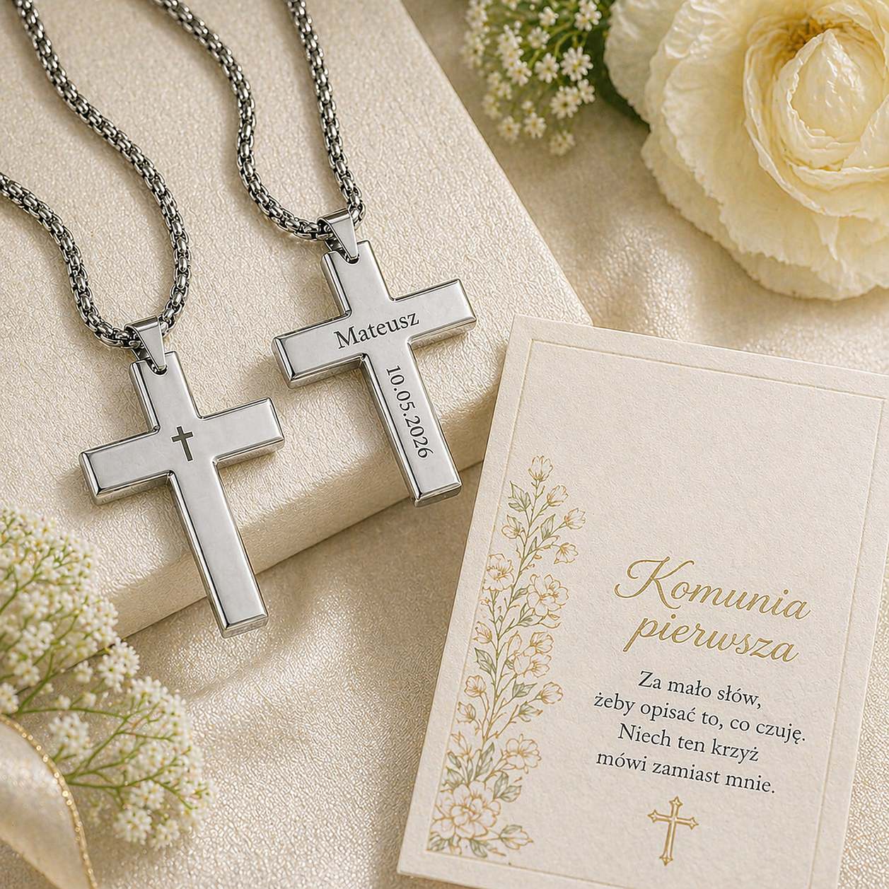 Krzyżyk na Komunię z Grawerem - Srebrny Naszyjnik z Imieniem + Karteczka - Bejesa