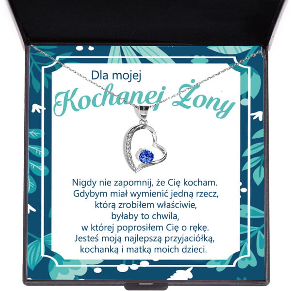 Naszyjnik z szafirową cyrkonią i dedykacją dla żony
