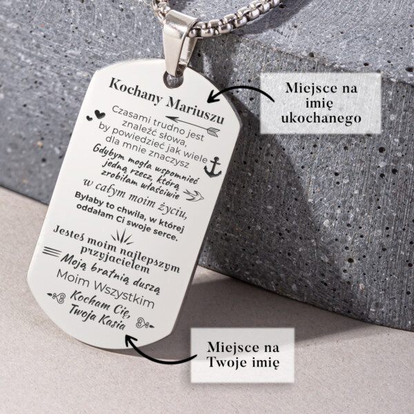 Nieśmiertelnik srebrny, grawer z personalizacją imion dla męża