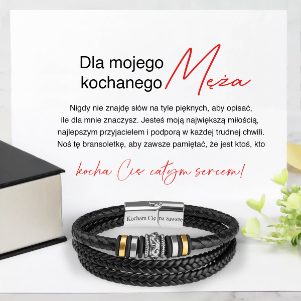 Bransoletka - dla męża - pleciona z koralikami blaszką - całym sercem