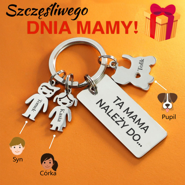 Brelok z rodziną - ta mama należy do - pomarańczowe tło i grafika