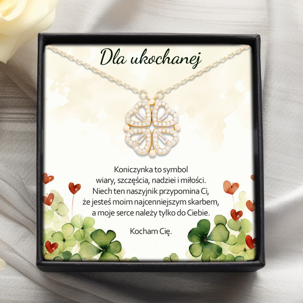 Złoty naszyjnik koniczynka z dedykacją do ukochanej