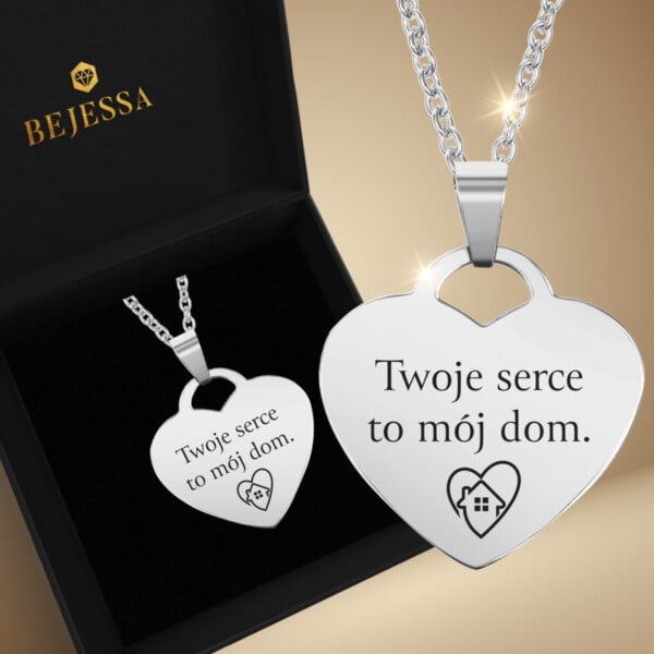 Naszyjnik z grawerem Serce dla Mamy – Prezent na Dzień Mamy – Twoje serce to mój dom – Bejessa.pl